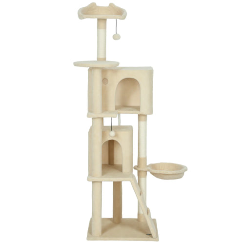 63 Inch Cat Tree, Sisal Scratching Posts, Condos, Perches, Hammock, Ladder, Beige