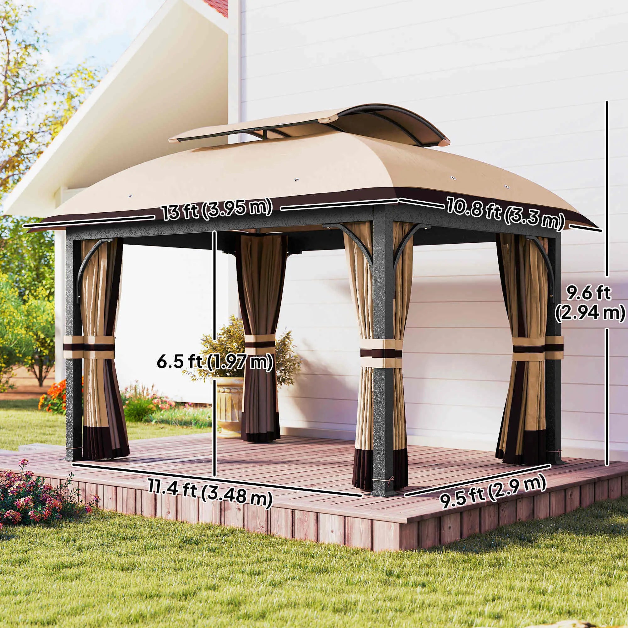 11' x 13' Patio Gazebo, Double Roof Canopy with Netting, Galvanized Frame, Khaki Gazebos at Gallery Canada