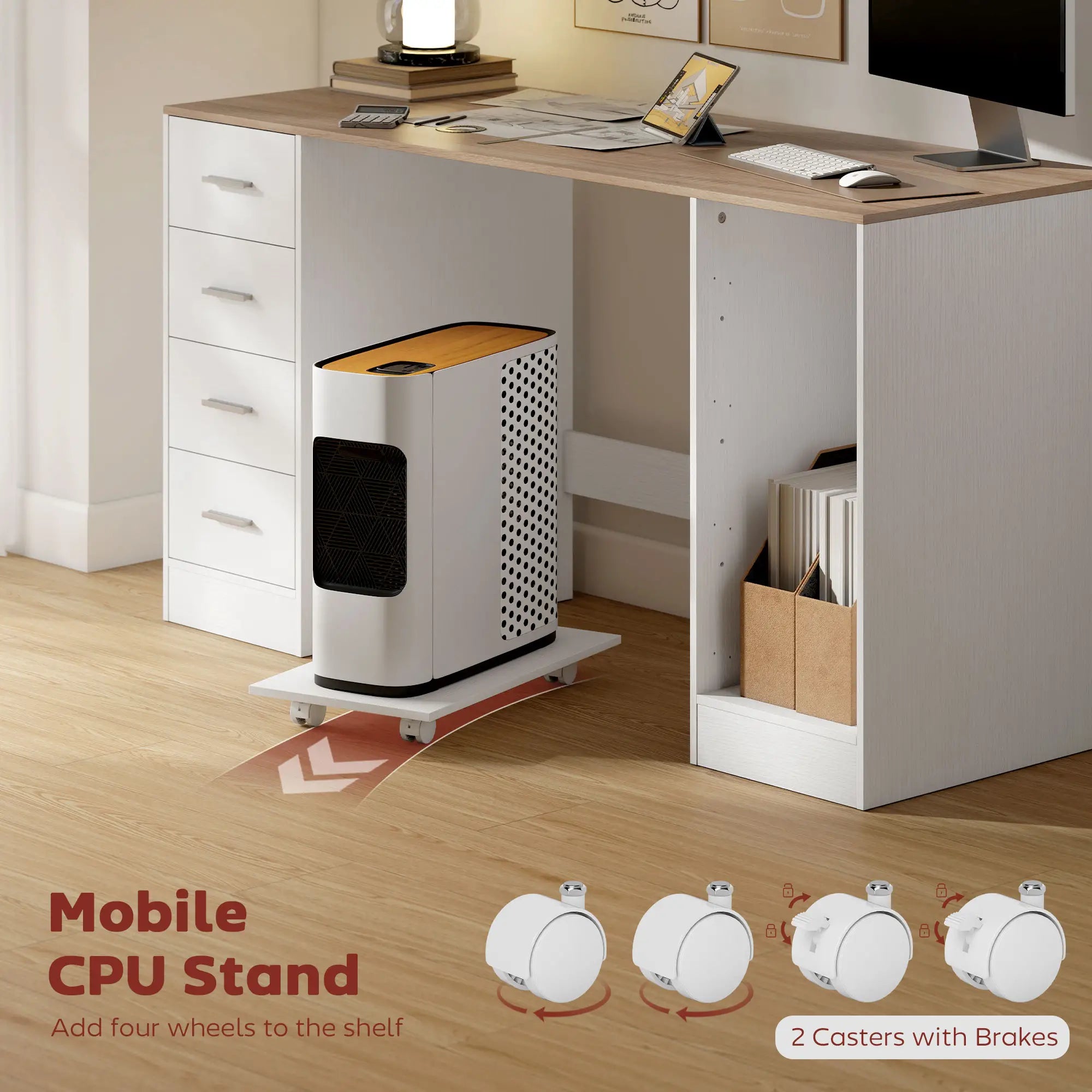 55 Inch Office Desk, White Wood Grain, 4 Reversible Drawers, Adjustable Shelf, White Computer Desks at Gallery Canada