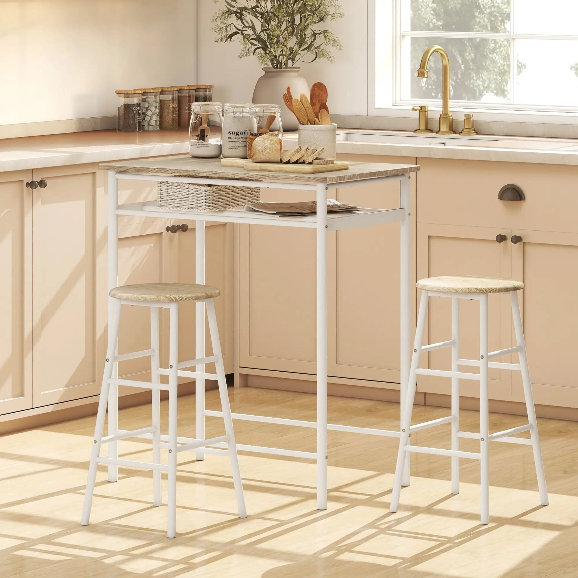 3-Piece Counter Height Bar Table Set, 1 Table 2 Stools, White Oak, White Bar Sets at Gallery Canada