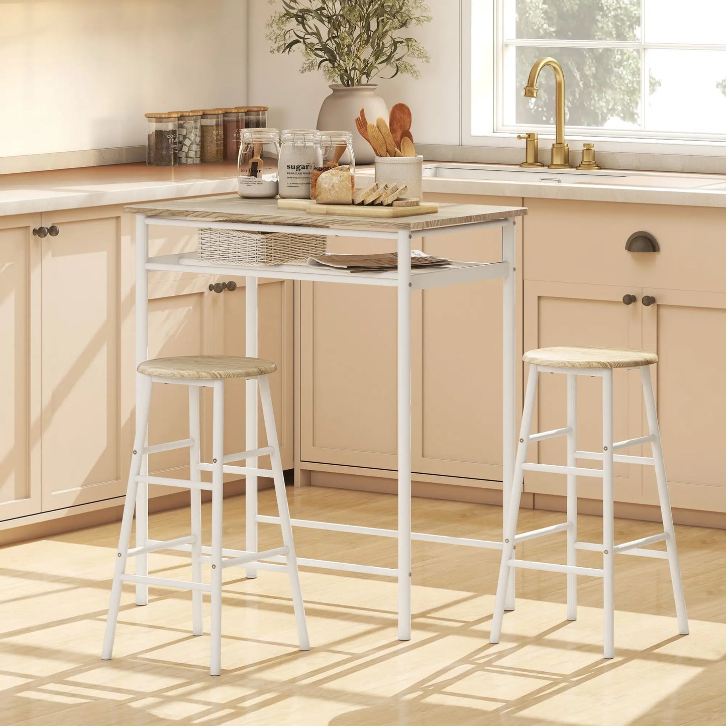 3-Piece Counter Height Bar Table Set, 1 Table 2 Stools, White Oak, White Bar Sets at Gallery Canada