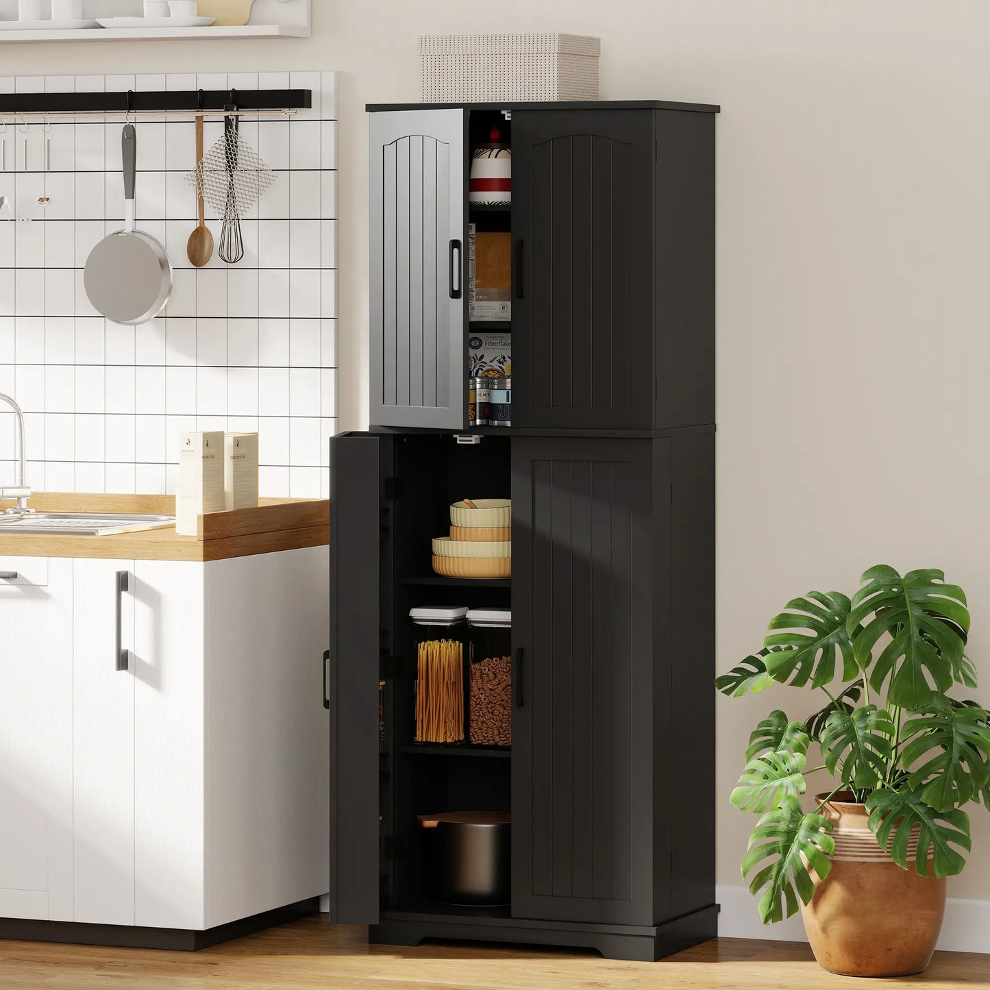 Tall Pantry Cabinet, 64 Inch, Adjustable Shelves, Spice Racks, Black Kitchen Pantry Cabinets at Gallery Canada