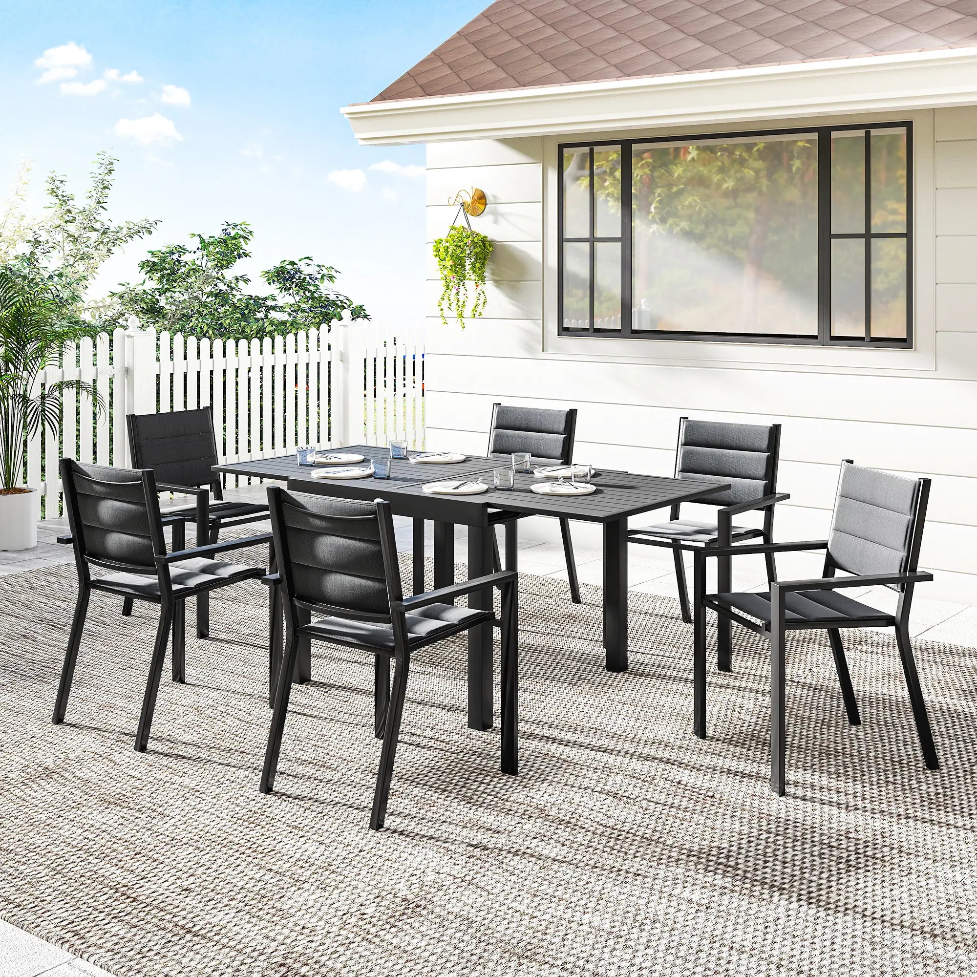 Aluminum Expandable Outdoor Dining Set, 6 Stackable Chairs, Black Outdoor Dining Sets at Gallery Canada