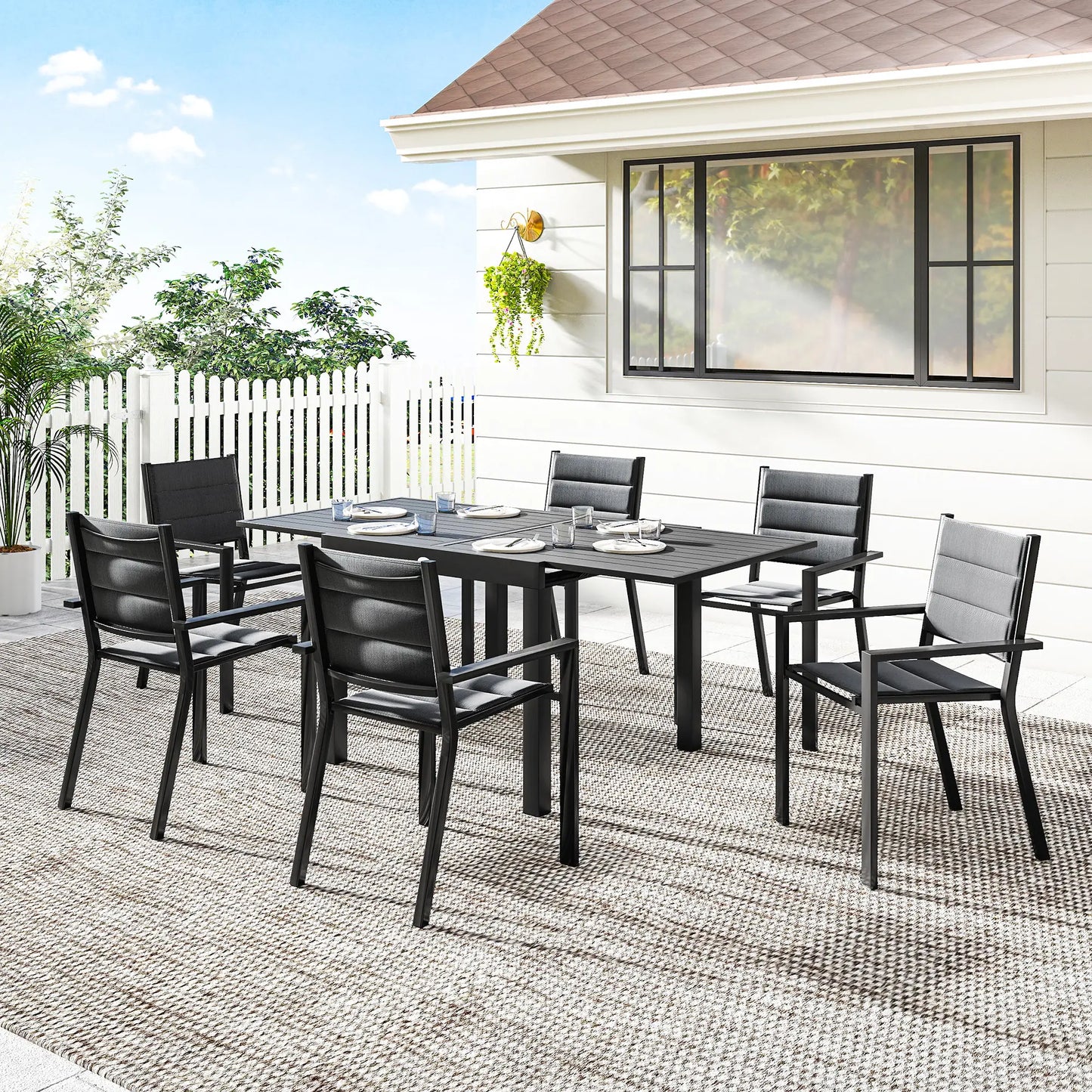 Aluminum Expandable Outdoor Dining Set, 6 Stackable Chairs, Black Outdoor Dining Sets at Gallery Canada
