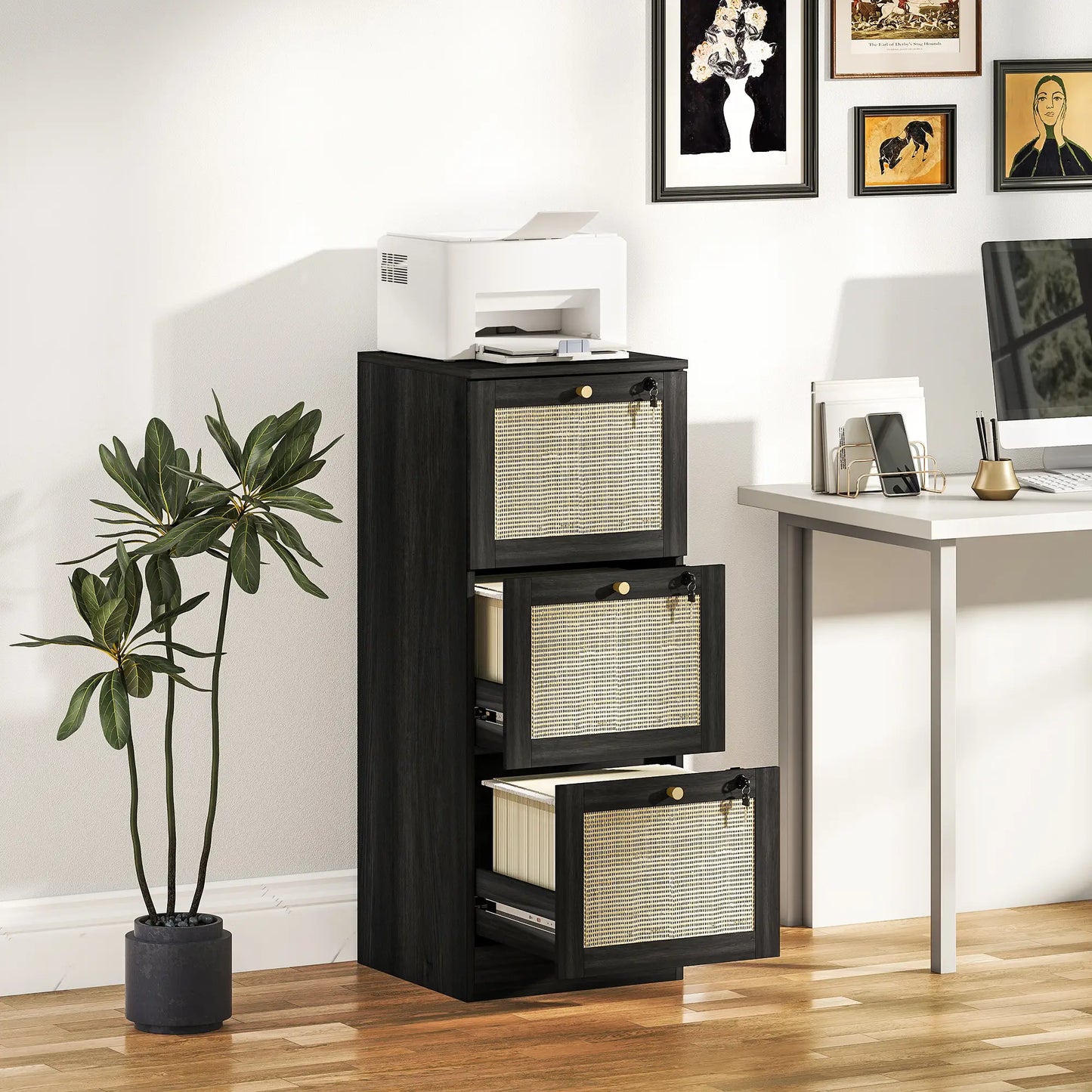 3 Drawer Filing Cabinet with Lock, Boho Style, A4 Letter Size, Black Office Cabinets & Cupboards at Gallery Canada