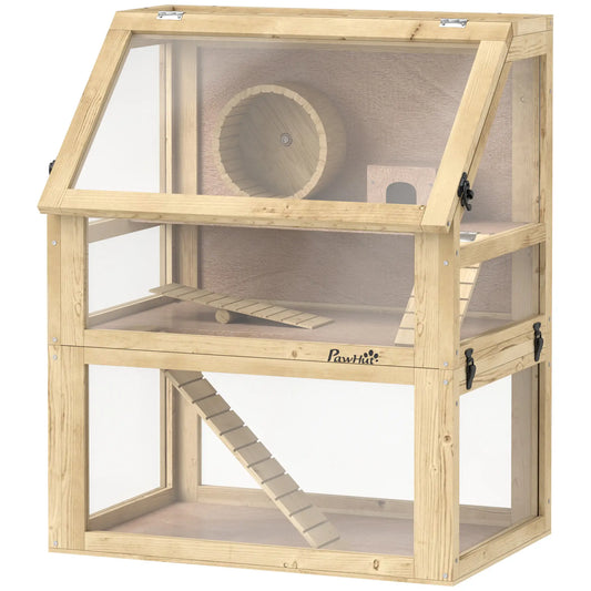Wooden Hamster Cage, 3 Tier Gerbil Cage, 24" x 16" x 29.5", Hut, Seesaw, Wheel Hamster Cages Natural at Gallery Canada