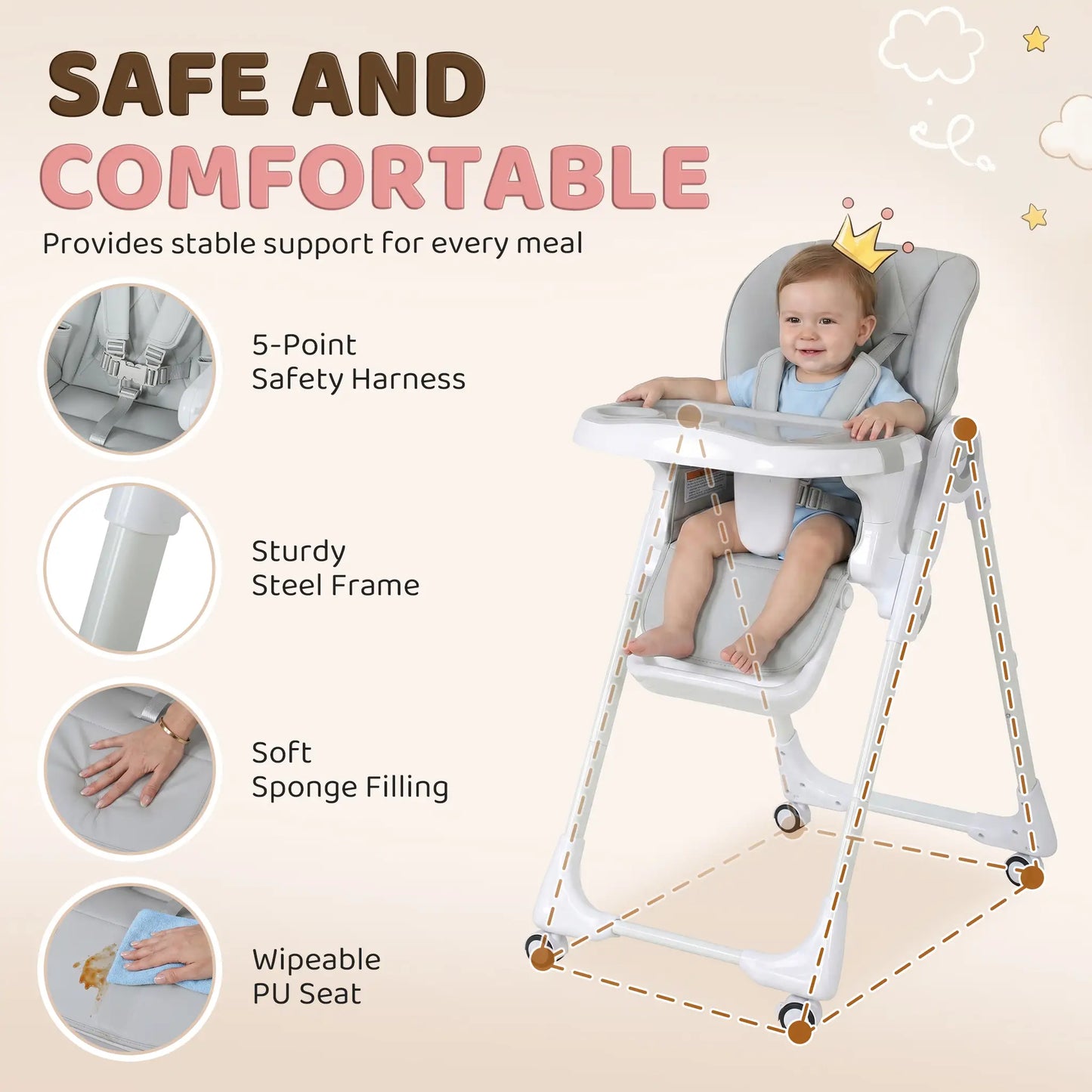 High Chair with Wheels, Double Tray, Foldable Baby Seat with Adjustable Seat Height, Backrest, Footrest and Tray, Grey
