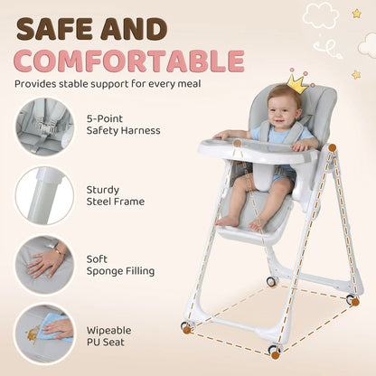 High Chair with Wheels, Double Tray, Foldable Baby Seat with Adjustable Seat Height, Backrest, Footrest and Tray, Grey