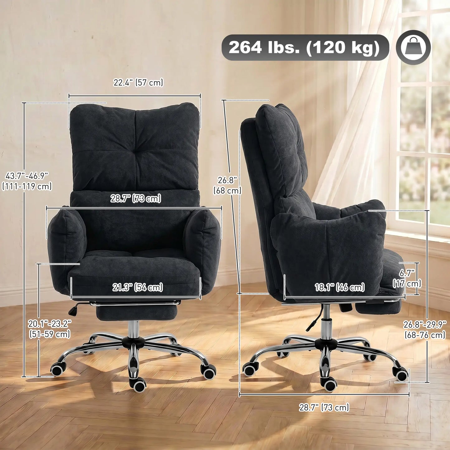 Ergonomic Office Gaming Chair With Foot Rest, Fabric, Black
