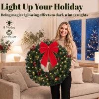 Couronne de Noël artificielle de 24 pouces, 50 lumières LED, nœud, vert