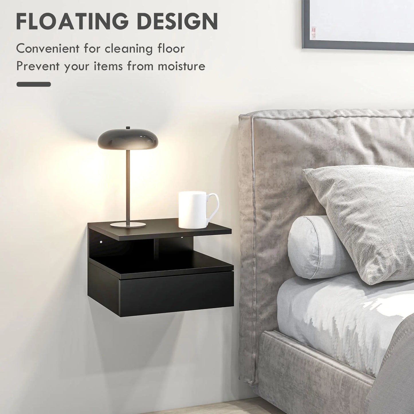Floating Nightstand Set of 2, Wall Mounted with Drawer and Shelf, Black Bedside Tables at Gallery Canada