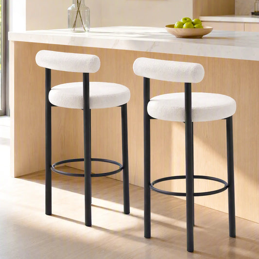 Sherpa Upholstered Bar Stools Set of 2, With Backrest and Footrest Bar Stools Cream White, Black at Gallery Canada