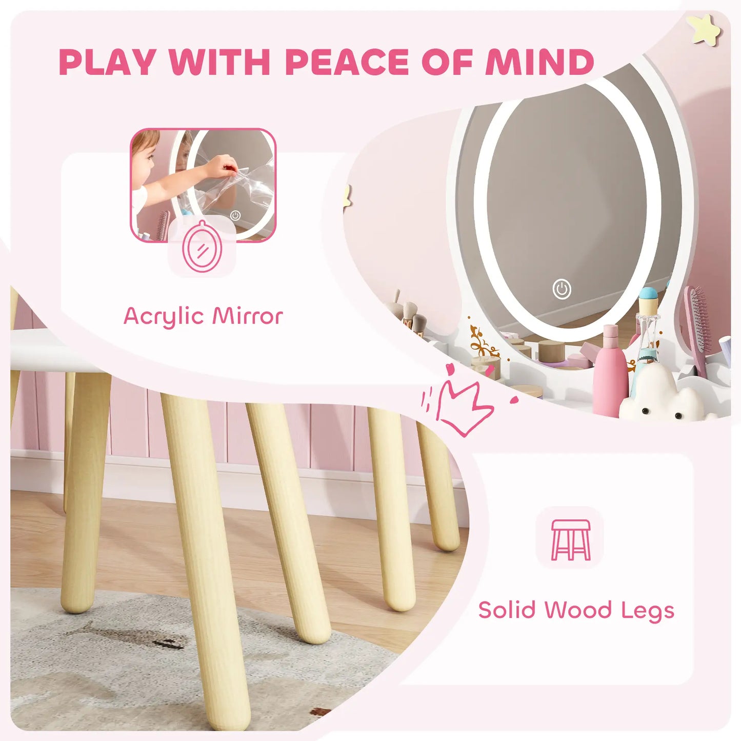 Kids Vanity Set with Mirror, Stool, 3-Color LED Lights, Pink Toy Vanity at Gallery Canada