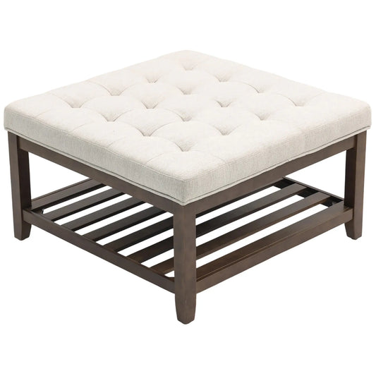 32 Inch Ottoman Coffee Table, Beige Linen Upholstered Storage Footstool, Beige