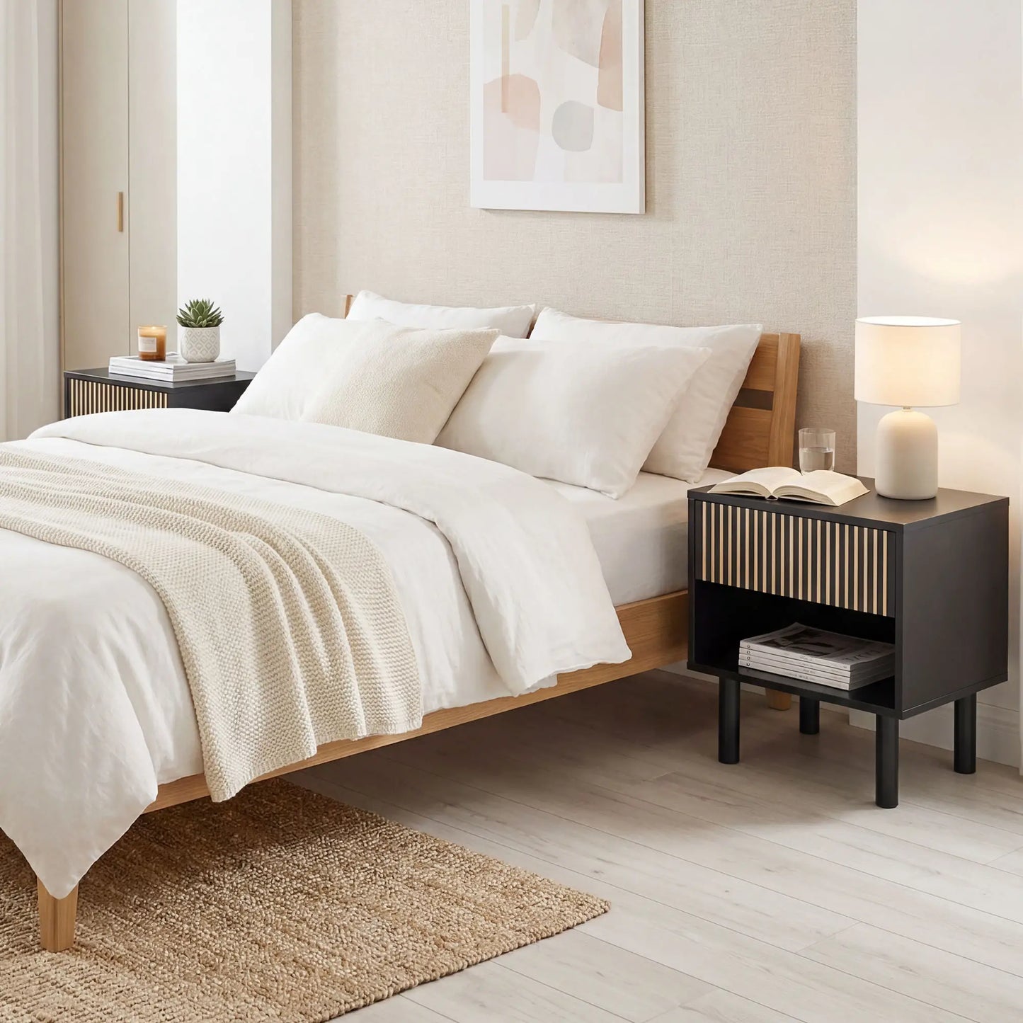 Modern Bedside Table with Drawer and Open Shelf, Sofa Side Table for Bedroom Living Room, Black Bedside Tables at Gallery Canada