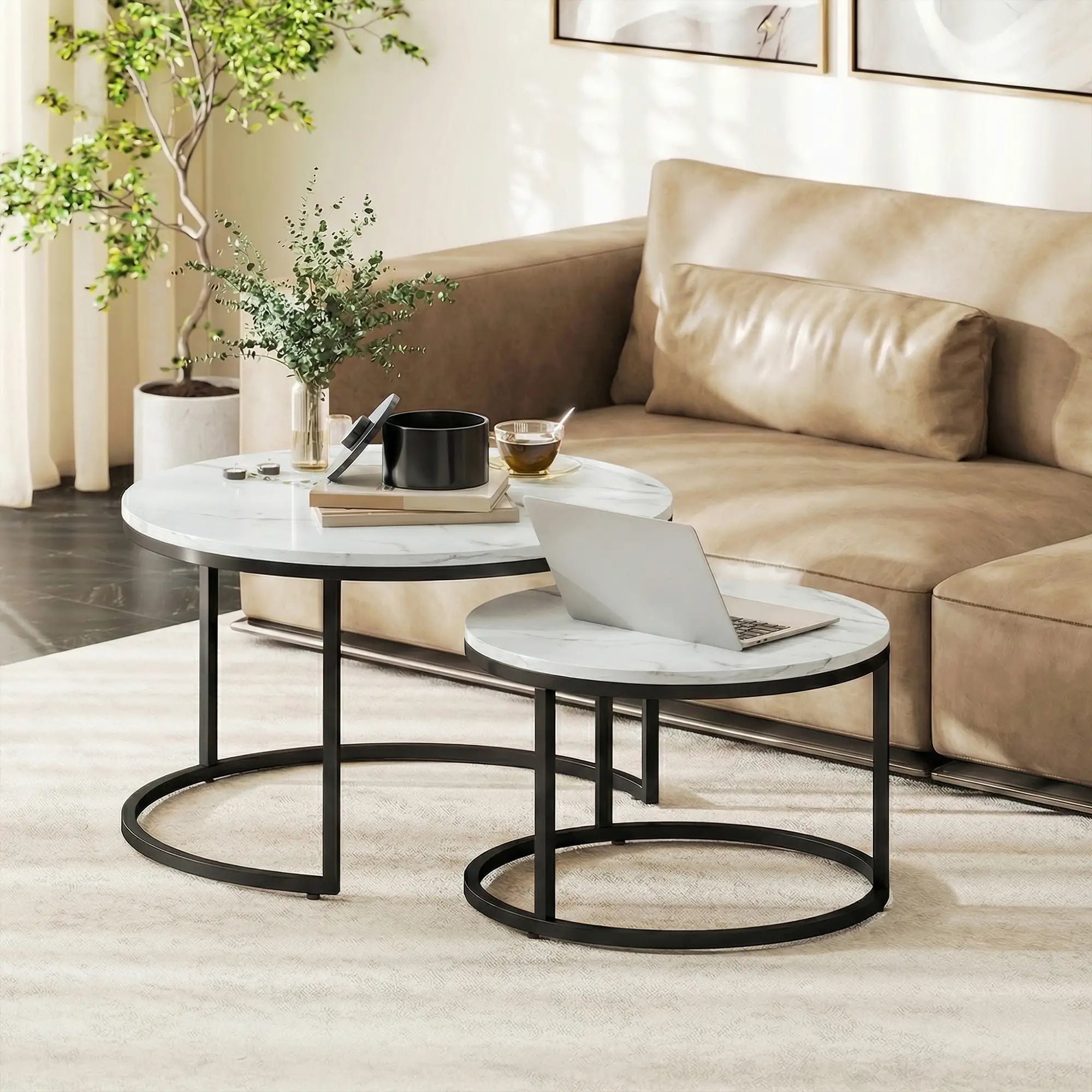 Modern Coffee Table Set, 2 Nesting Tables, Metal Base, Marble White, White Coffee Tables at Gallery Canada
