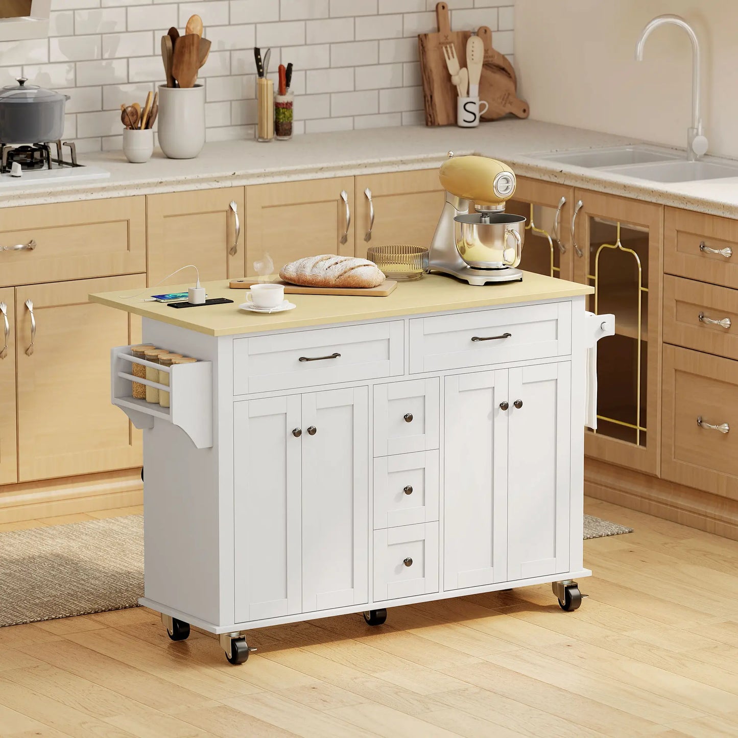 Kitchen Island Cart with Power Outlet, Drop Leaf, 55 Inch, White Kitchen Islands & Kitchen Carts at Gallery Canada