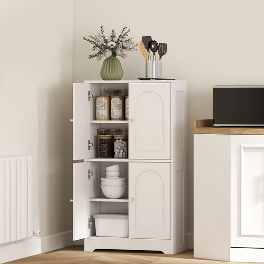 43" Kitchen Pantry Cabinet, Freestanding, 4 Arched Doors, 2 Adjustable Shelves, White Kitchen Pantry Cabinets White at Gallery Canada