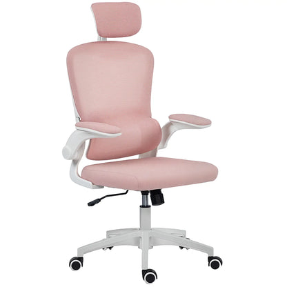 Ergonomic Mesh Office Chair, High Back, Rotatable Headrest, Flip-Up Armrests, Lumbar Support, Pink Task Chairs at Gallery Canada