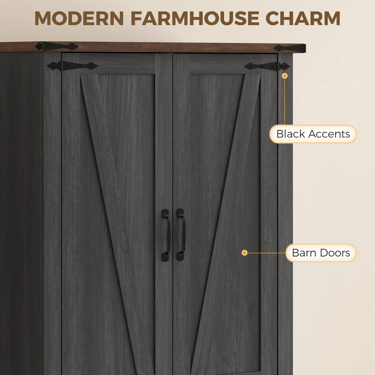 71" Tall Kitchen Cabinet, Farmhouse Pantry with Barn Doors, Drawer, Black
