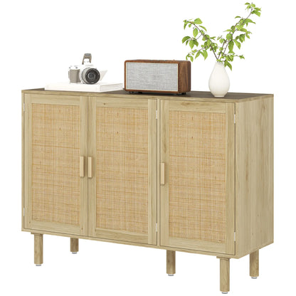 Bohemian Sideboard, 46.9" Buffet Cabinet, 3 Rattan Doors, Shelves, Oak Storage Cabinets Oak at Gallery Canada