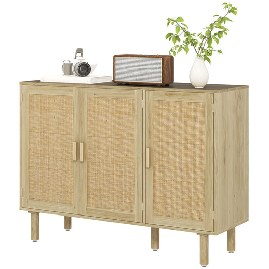 Bohemian Sideboard, 46.9" Buffet Cabinet, 3 Rattan Doors, Shelves, Oak Storage Cabinets Oak at Gallery Canada