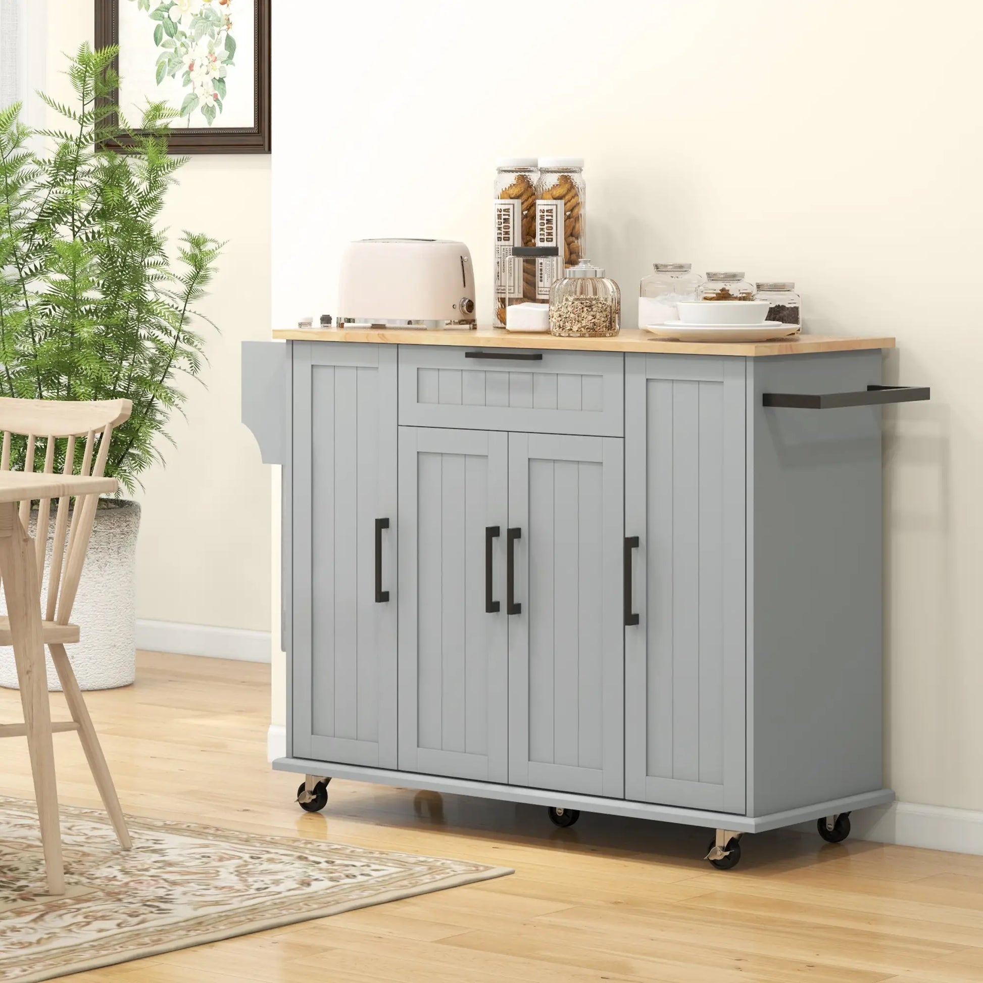 Modern Rolling Kitchen Island Cart, Natural Wood Top, Grey Kitchen Islands & Kitchen Carts at Gallery Canada