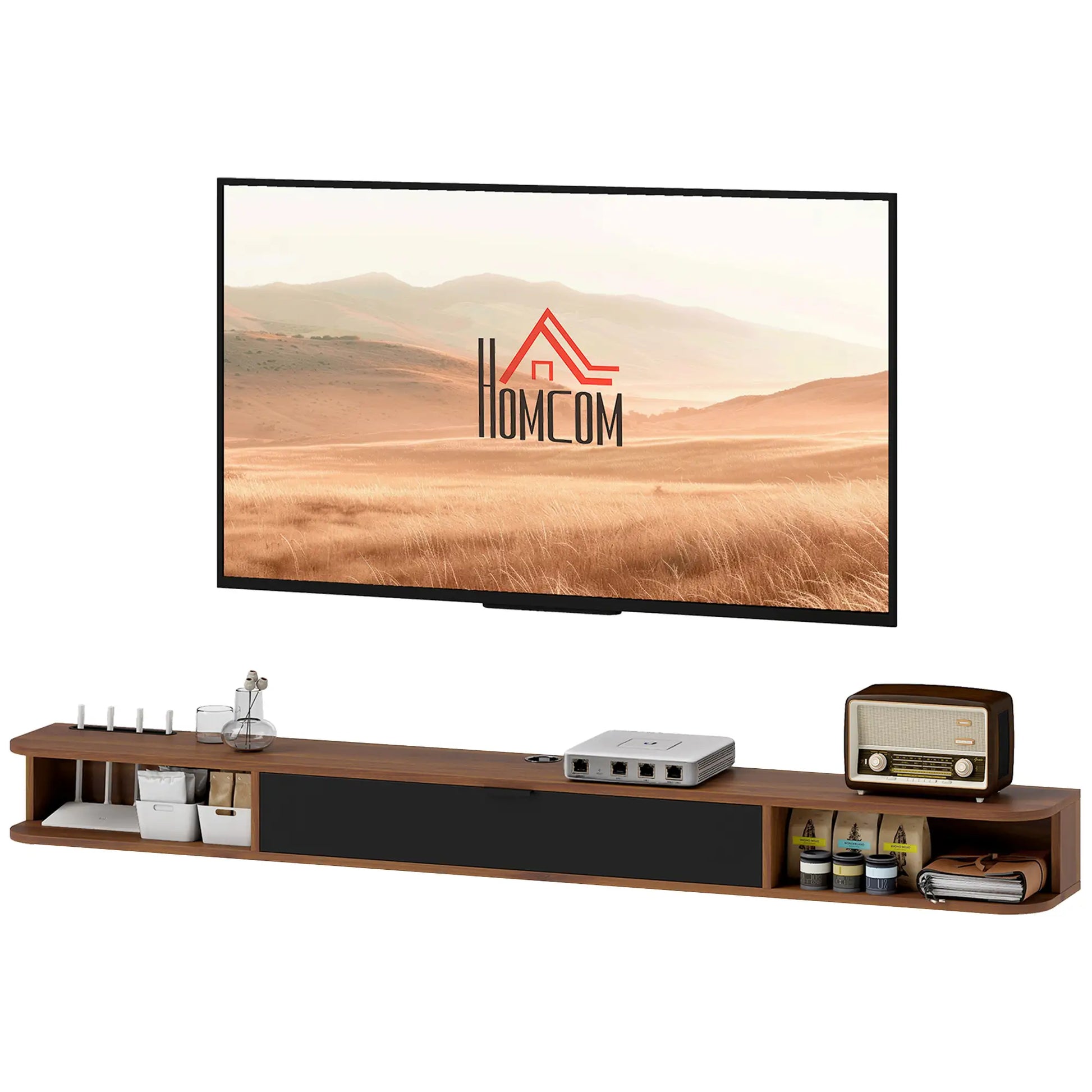 71" Floating TV Stand, Wall Mounted Media Console, Flip Drawer, 2 Open Shelves, Walnut TV Stands Walnut, Black at Gallery Canada