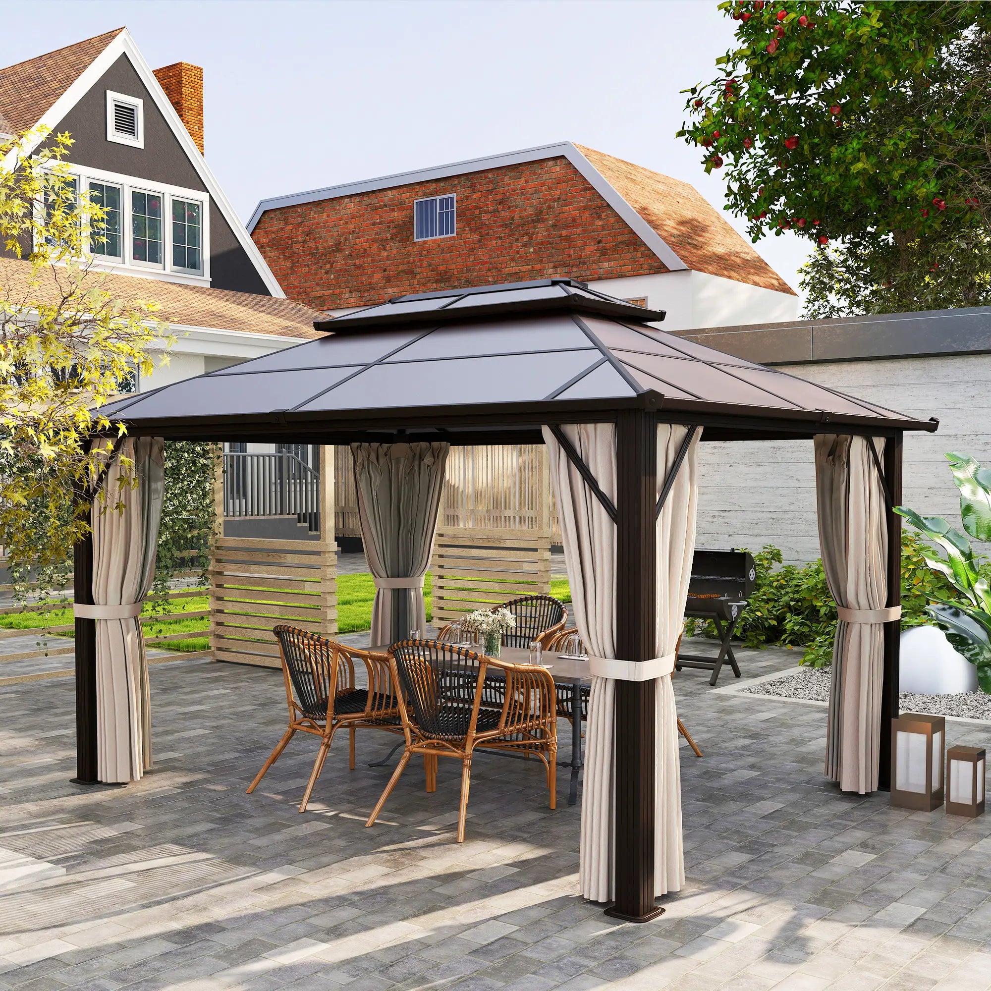 10' x 13' Hardtop Gazebo, UPF30+ Polycarbonate Roof, Aluminum Frame, Beige Gazebos at Gallery Canada