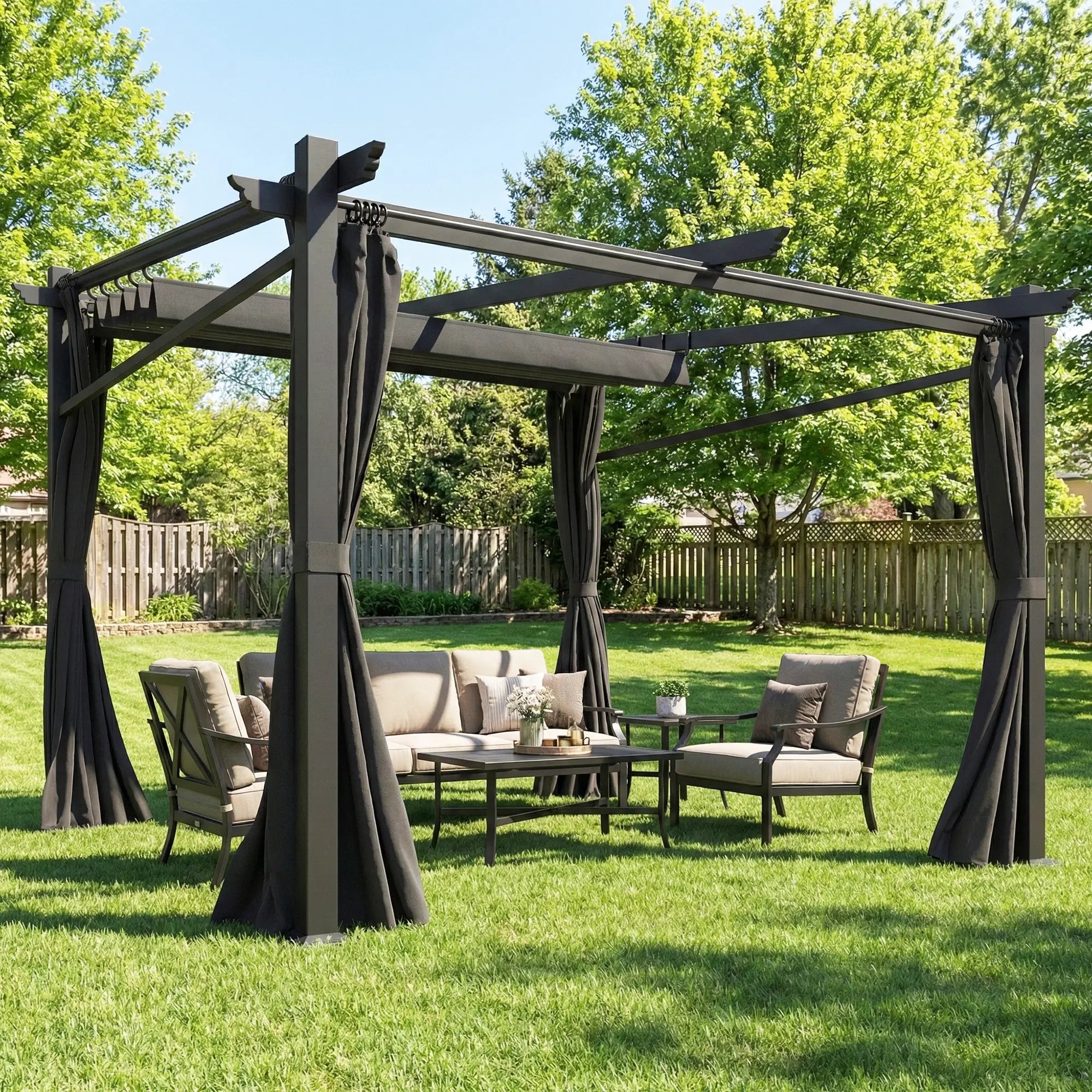 Metal Pergola With Sliding Roof Canopy, 10' x 10', Black Pergolas at Gallery Canada