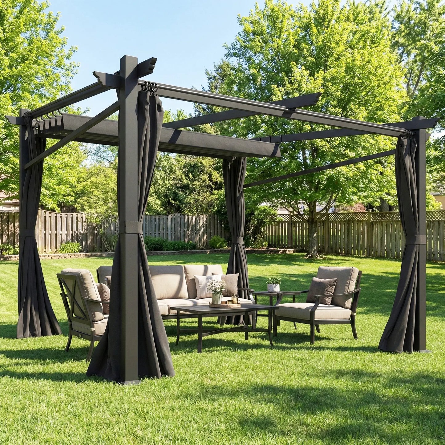 Metal Pergola With Sliding Roof Canopy, 10' x 10', Black Pergolas at Gallery Canada