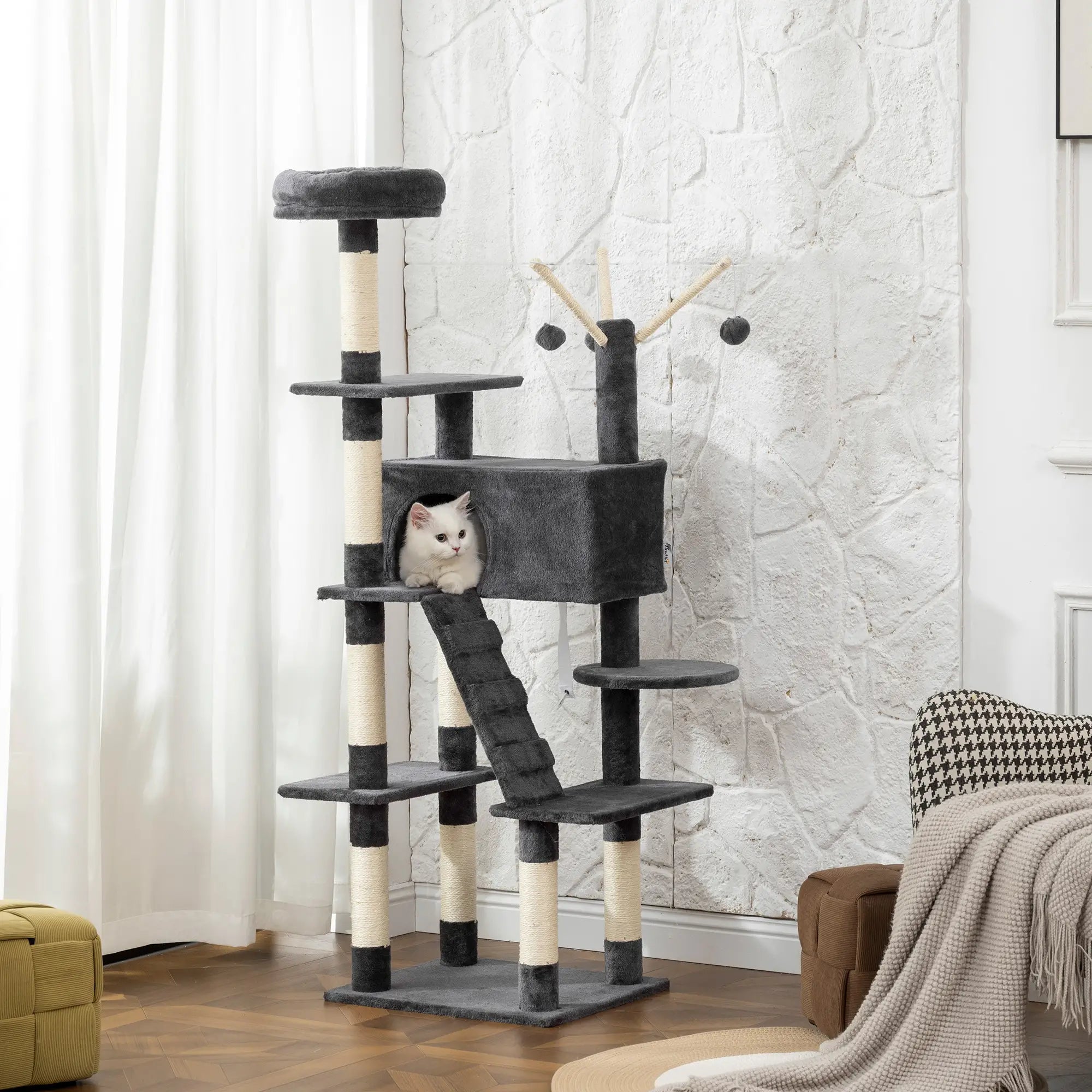 59 Inch Large Cat Tree with Sisal Posts, Condo, Perch, Ladder, Balls, Dark Grey Cat Trees at Gallery Canada