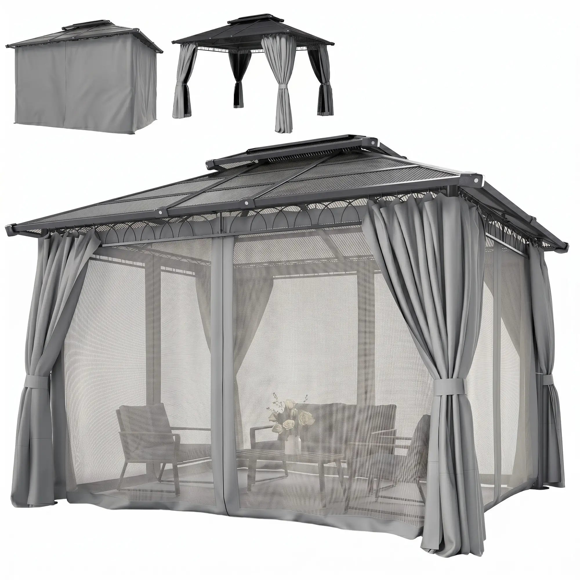 10' X 12' Outdoor Hardtop Gazebo, Double PC Roof, Steel Frame, Grey Gazebos Black Roof, Dark Grey Frame, Light Grey Curtains at Gallery Canada