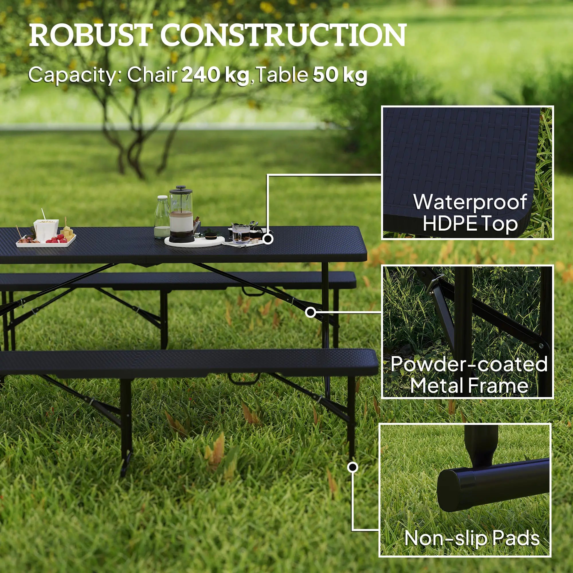 6FT 3PCS Faux Rattan Outdoor Table Bench Set, Folding Picnic Table with 2 Benches, Black Picnic Tables & Camping Chairs at Gallery Canada