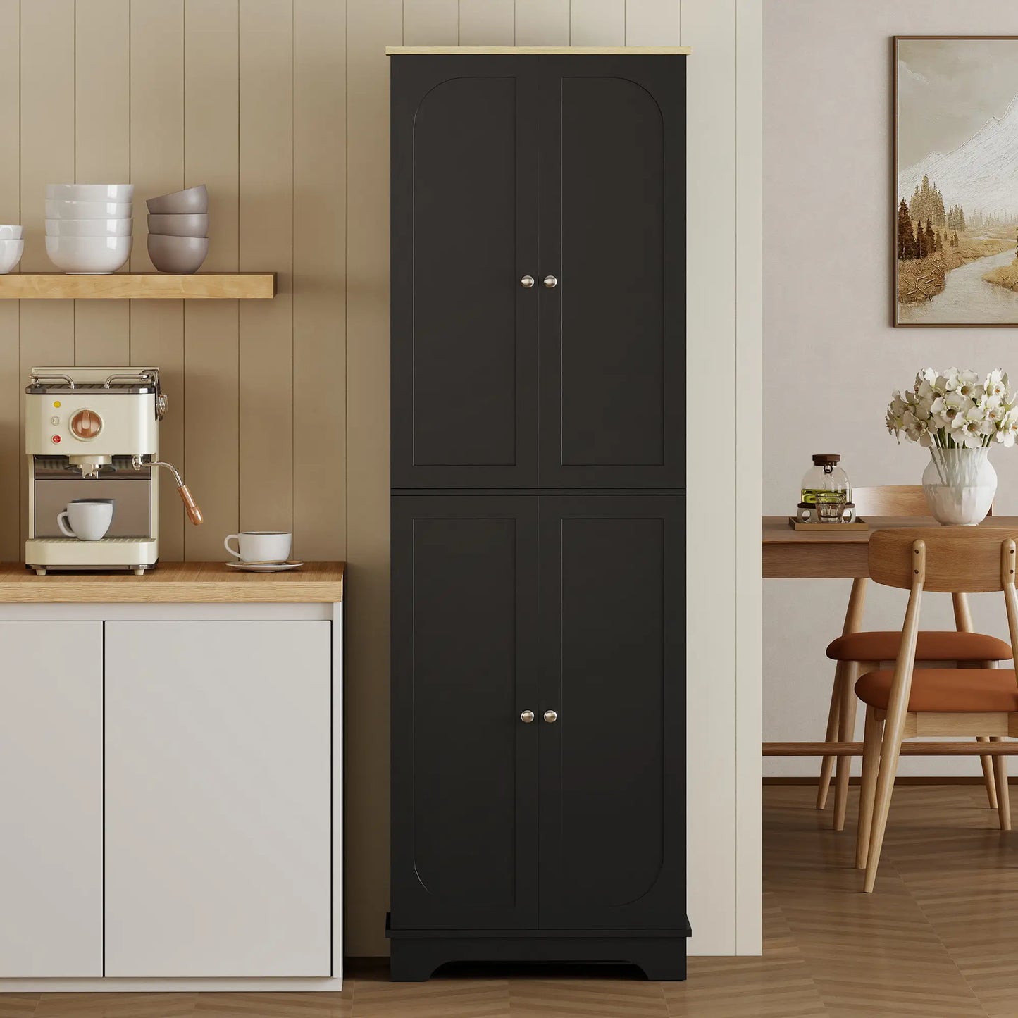 72" Tall Pantry Cabinet, Adjustable Shelves, 4 Doors, Black Kitchen Pantry Cabinets at Gallery Canada