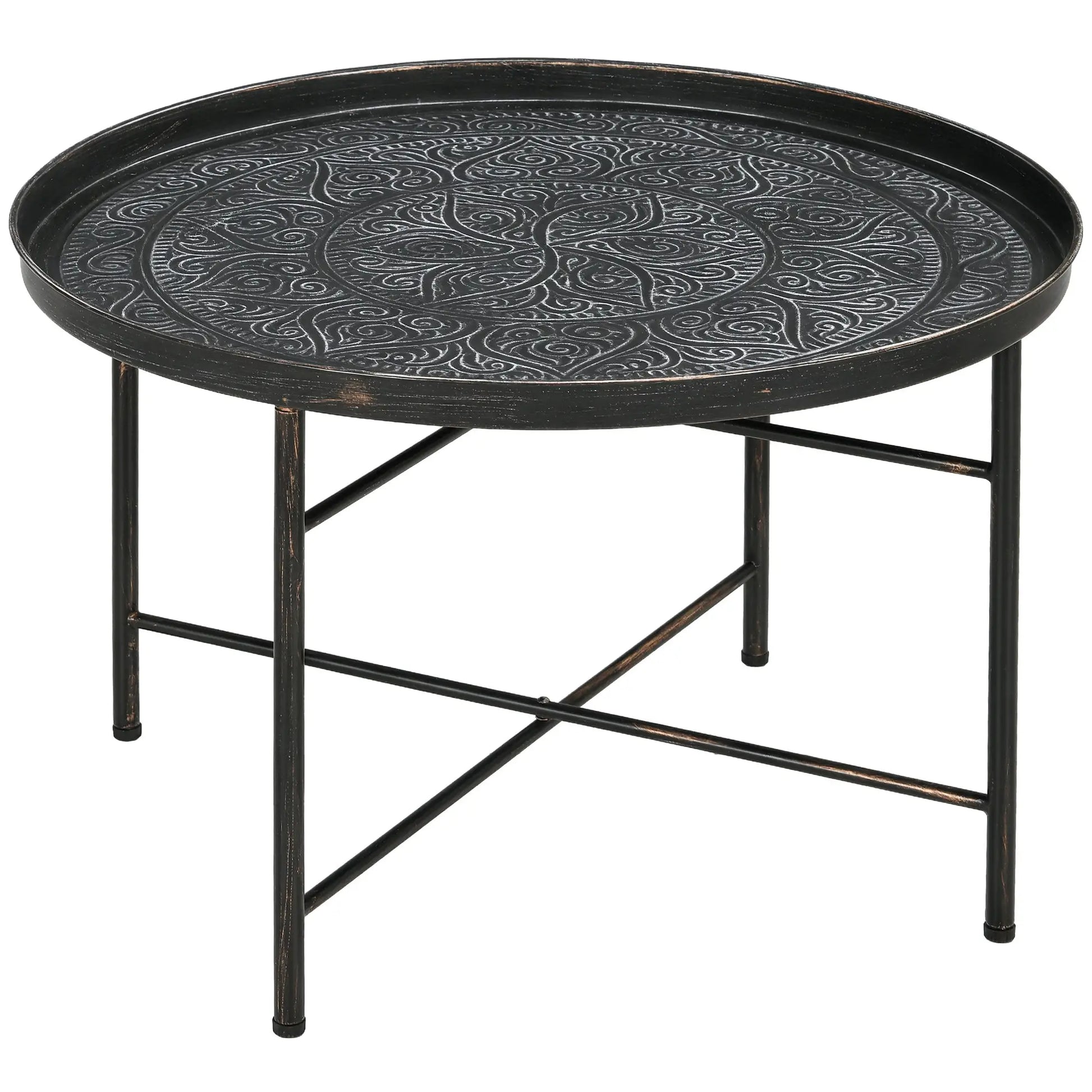 Vintage Coffee Table, 24" Round, Hammered Tray Top, Metal Frame, Pewter Coffee Tables at Gallery Canada