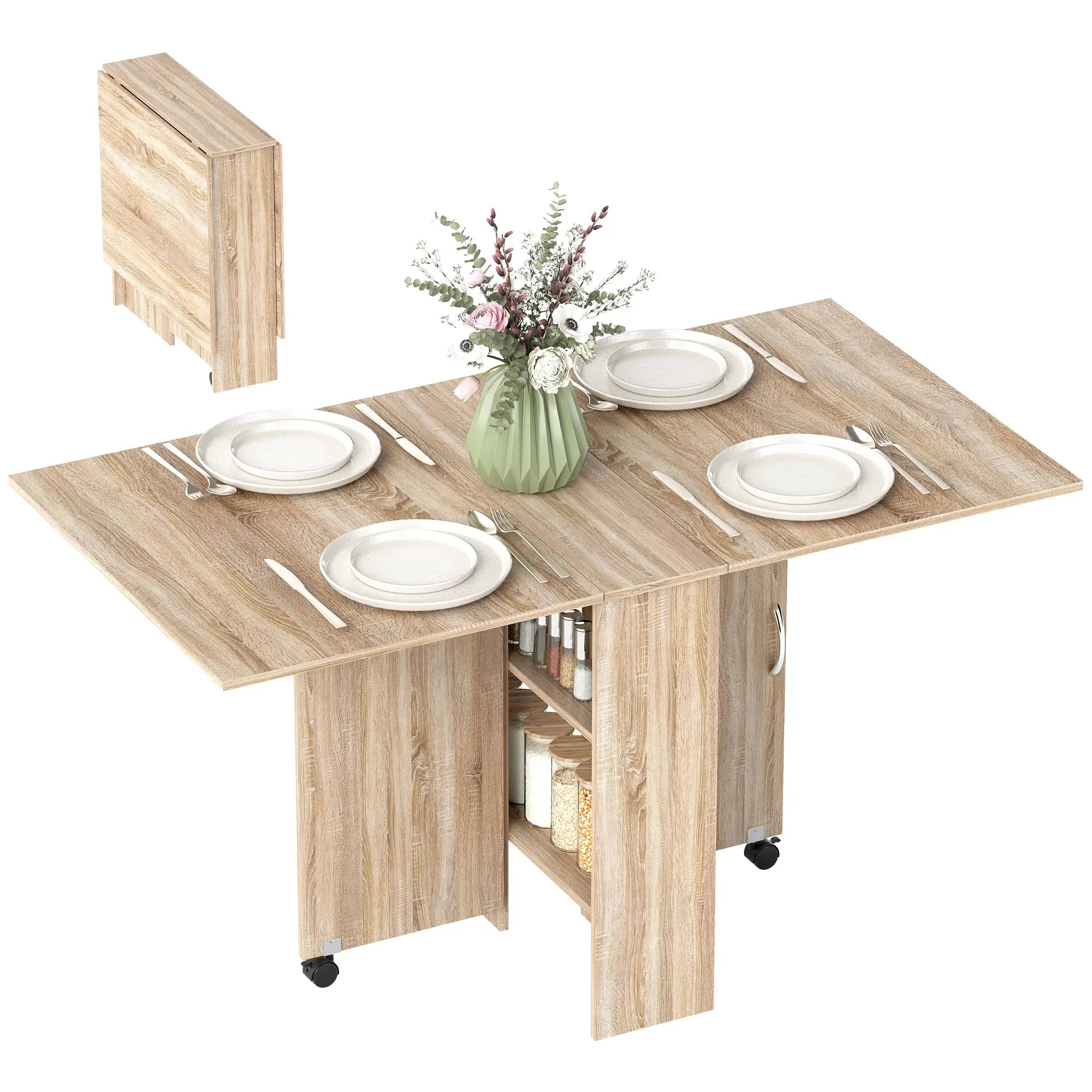 Extendable Dining Table, Collapsible w/ 2-Tier Shelves, Rolling Casters, Nature Wood Dining Tables at Gallery Canada