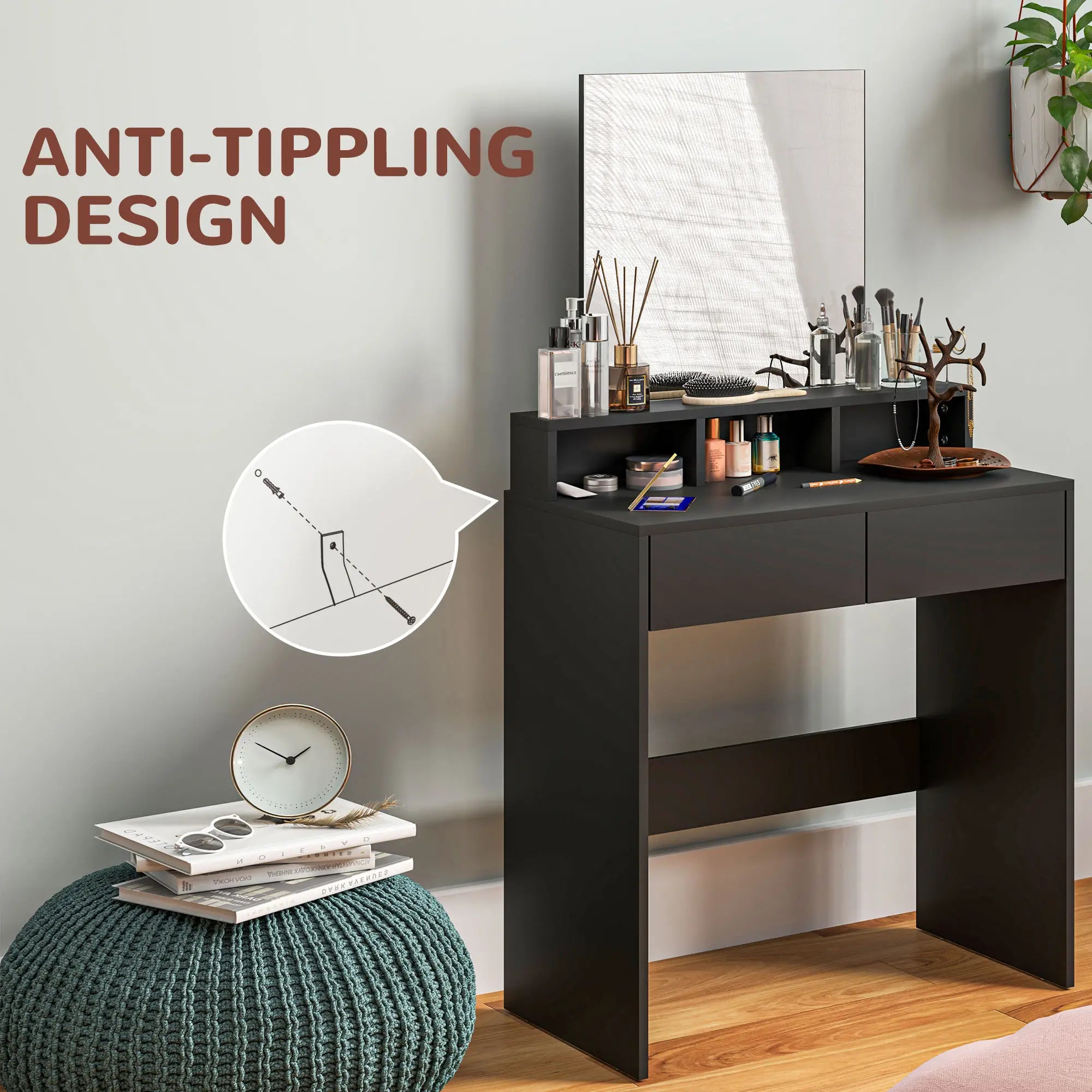 Modern Makeup Vanity Desk with Mirror, Drawers, Black Dressing & Vanity Tables at Gallery Canada