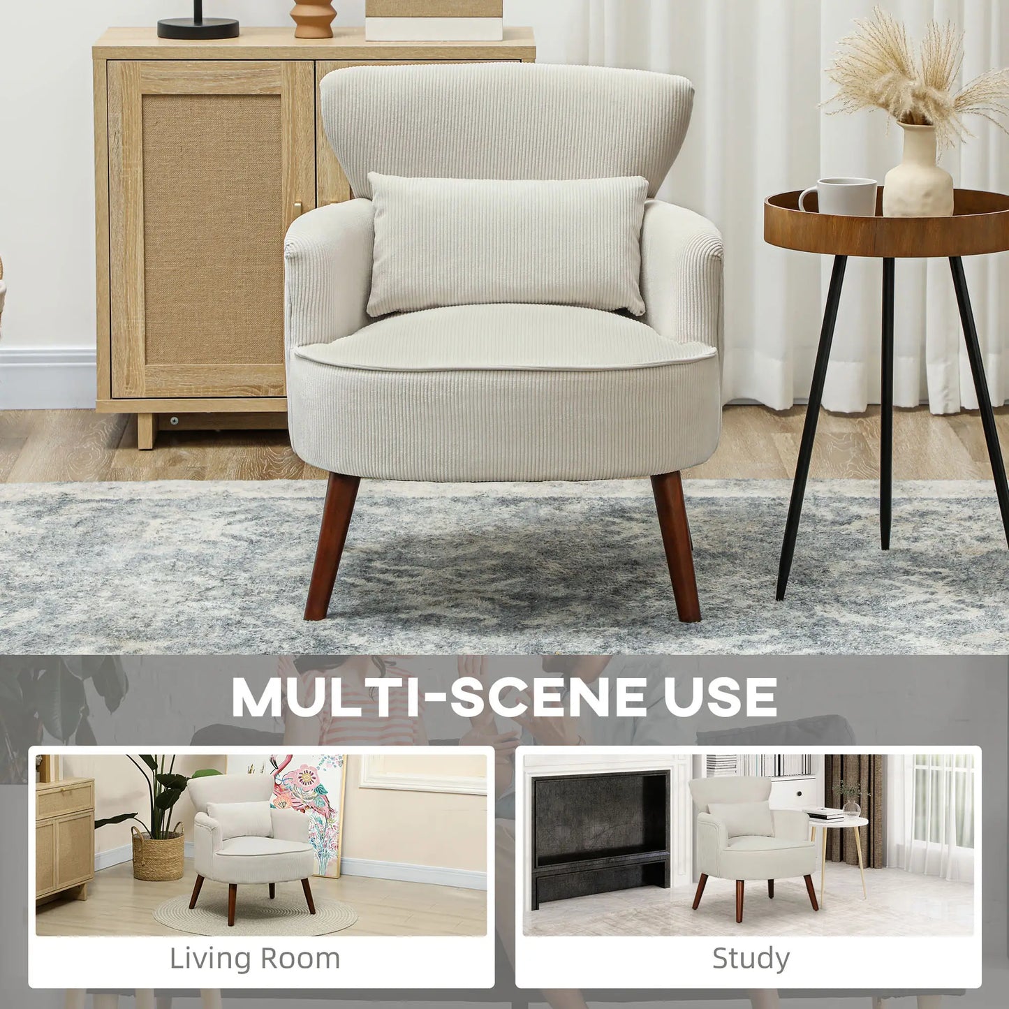 Modern Accent Chair, Upholstered Armchair with Wood Legs, Cream White Accent Chairs at Gallery Canada