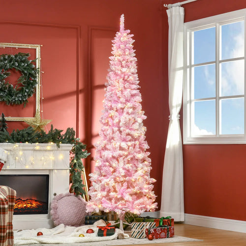 7.5 Foot Prelit Snow Flocked Christmas Tree, 700 Pine Branches, Warm White LED, White, Pink