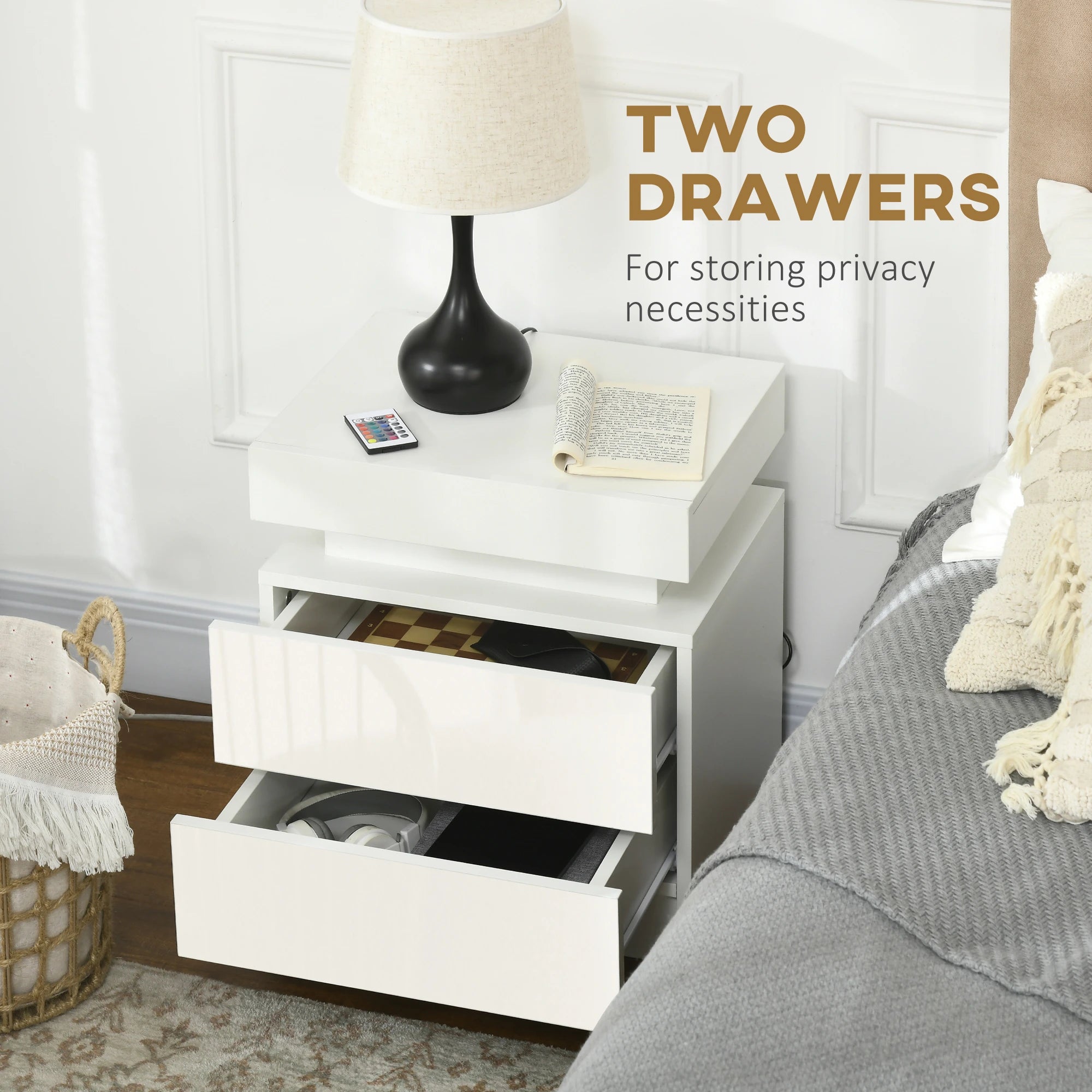 Nightstand with LED Lights, 2 Drawers, White Bedside Tables at Gallery Canada