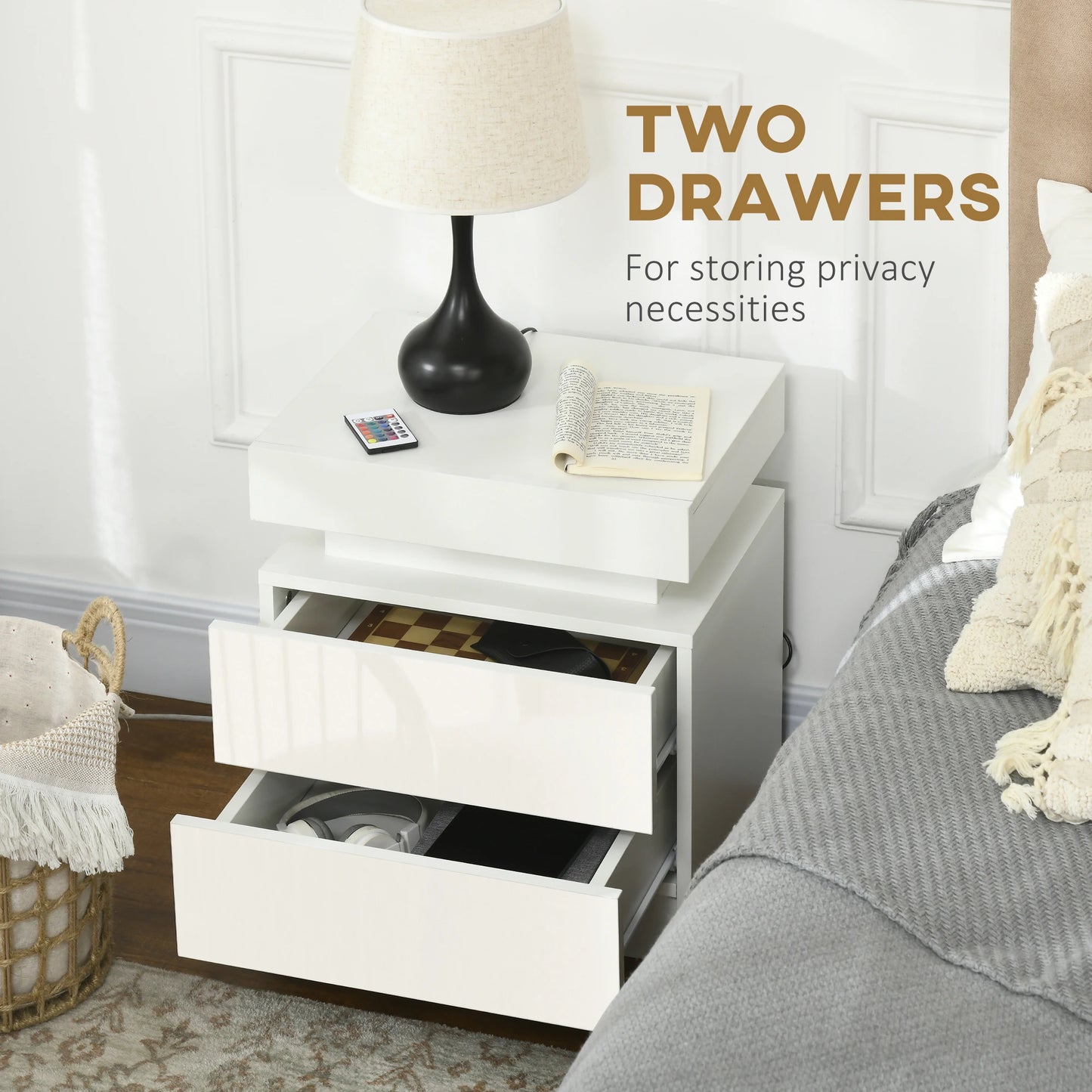 Nightstand with LED Lights, 2 Drawers, White Bedside Tables at Gallery Canada
