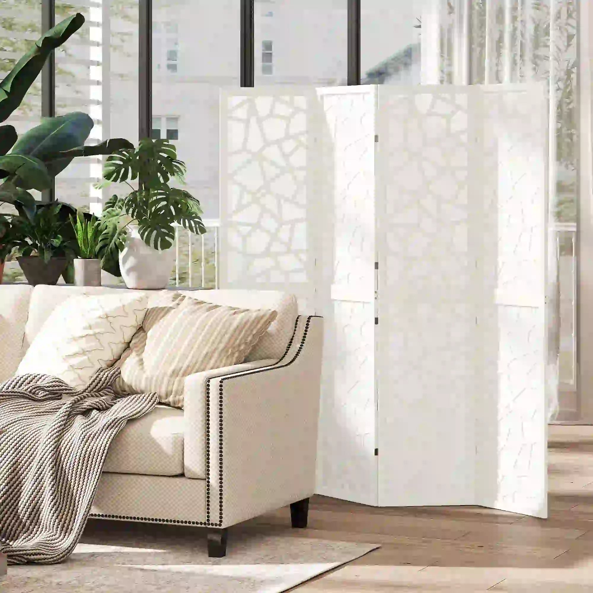 4 Panel Room Divider, 5.6 FT Geometric Pattern Privacy Screen, White Room Dividers at Gallery Canada