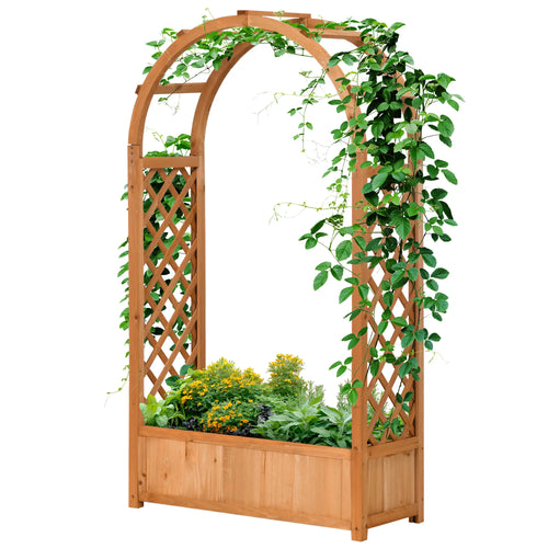 Raised Garden Bed with Arch Trellis, Outdoor Planter Box for Vine Plants, Brown