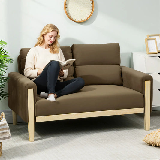 53 Inch Loveseat Sofa, 2 Seater Couch, Solid Wood Legs, Modern Velvet, Brown