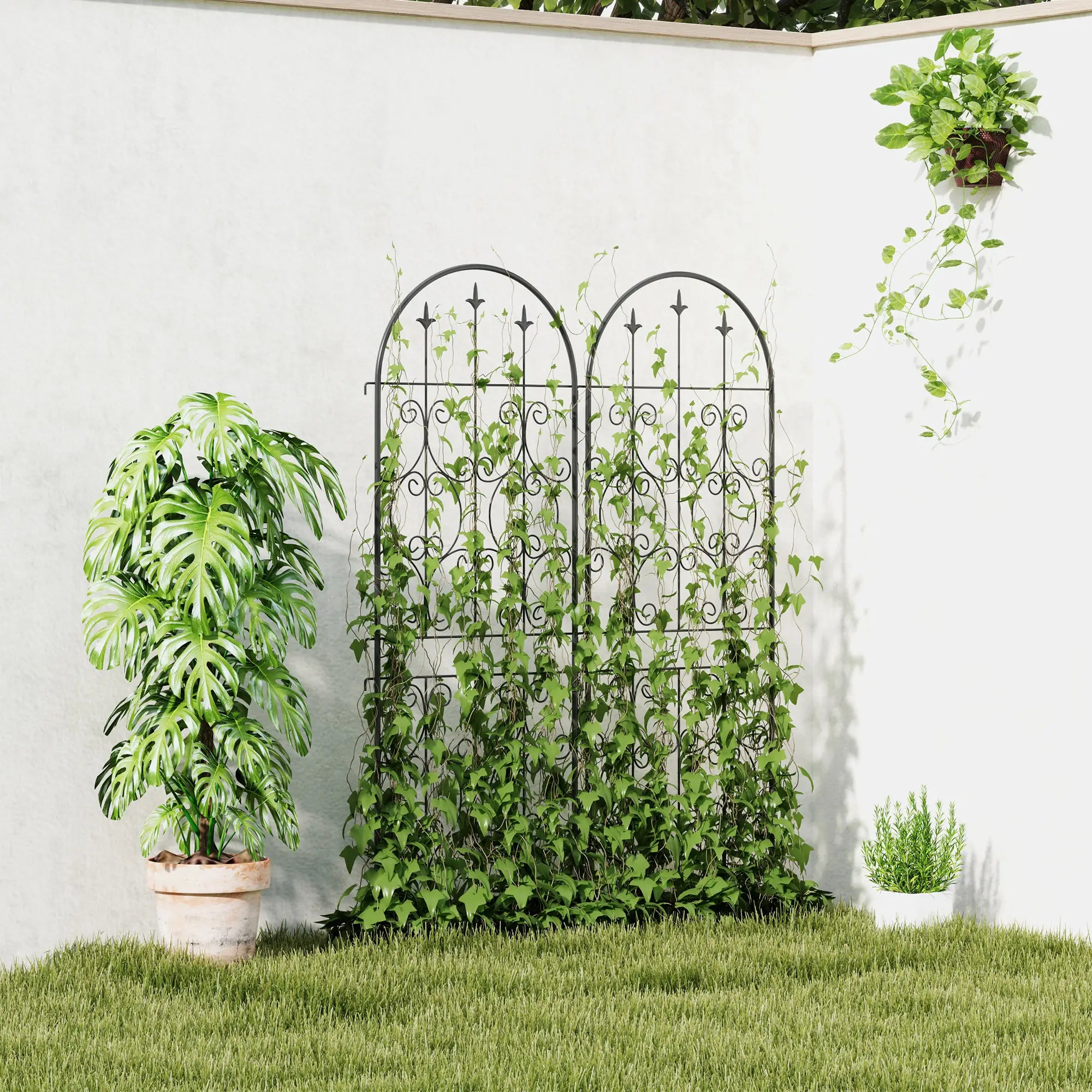 Metal Garden Trellis Set, Scrollwork Design, 150 x 50 cm, Black Plant Stands at Gallery Canada