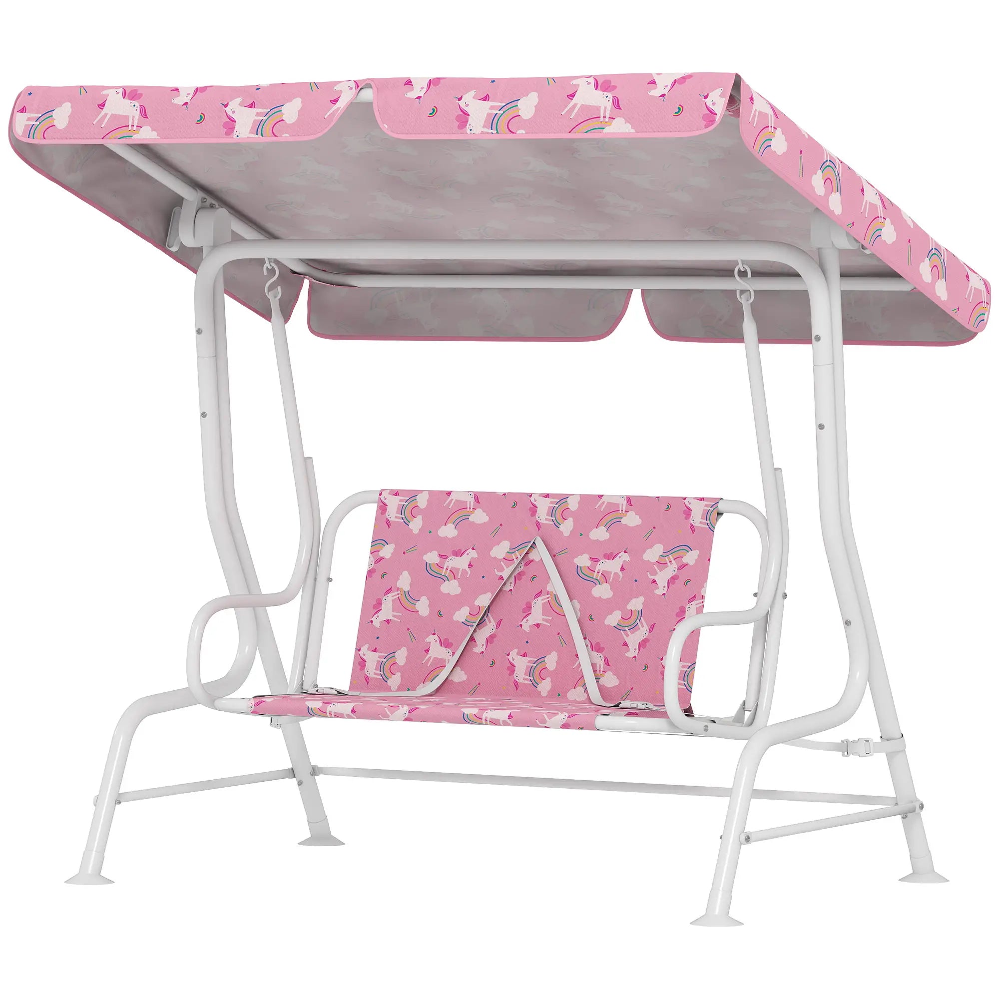 Kids Porch Swing, 2-Seater Bench With Safety Belts, Adjustable Canopy, Pink Gym Sets & Swings Pink, White at Gallery Canada