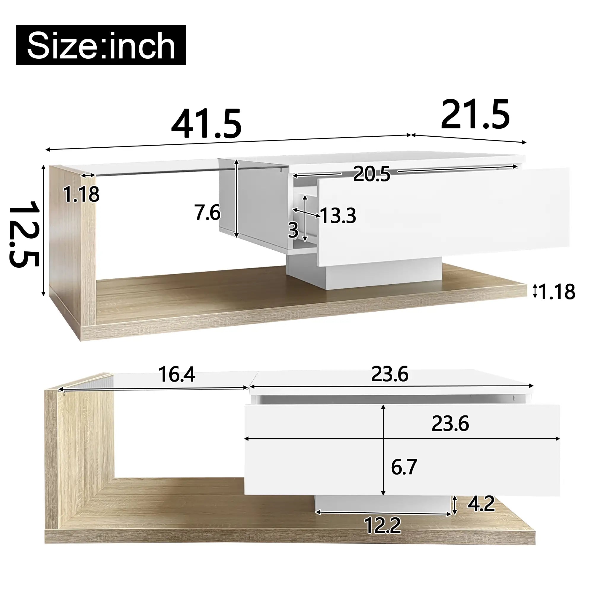 Modern Coffee Table, Glass LED Effect, Storage, 41.5