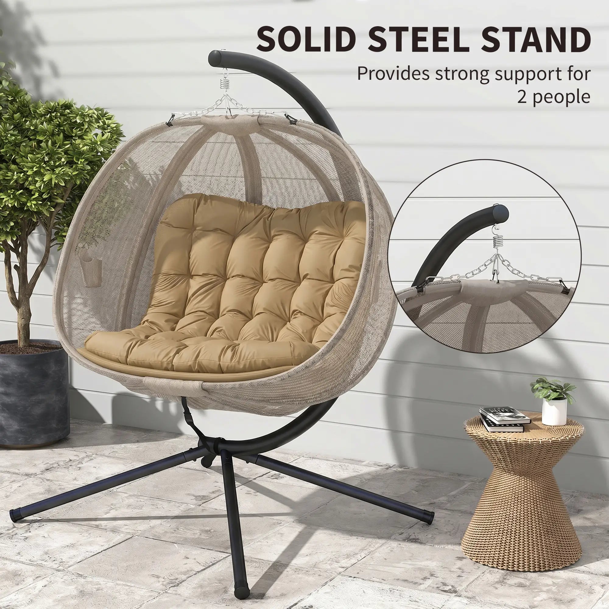 Double Egg Chair with Stand, 2 Person Hanging Swing, Khaki Patio Swings with Stand at Gallery Canada