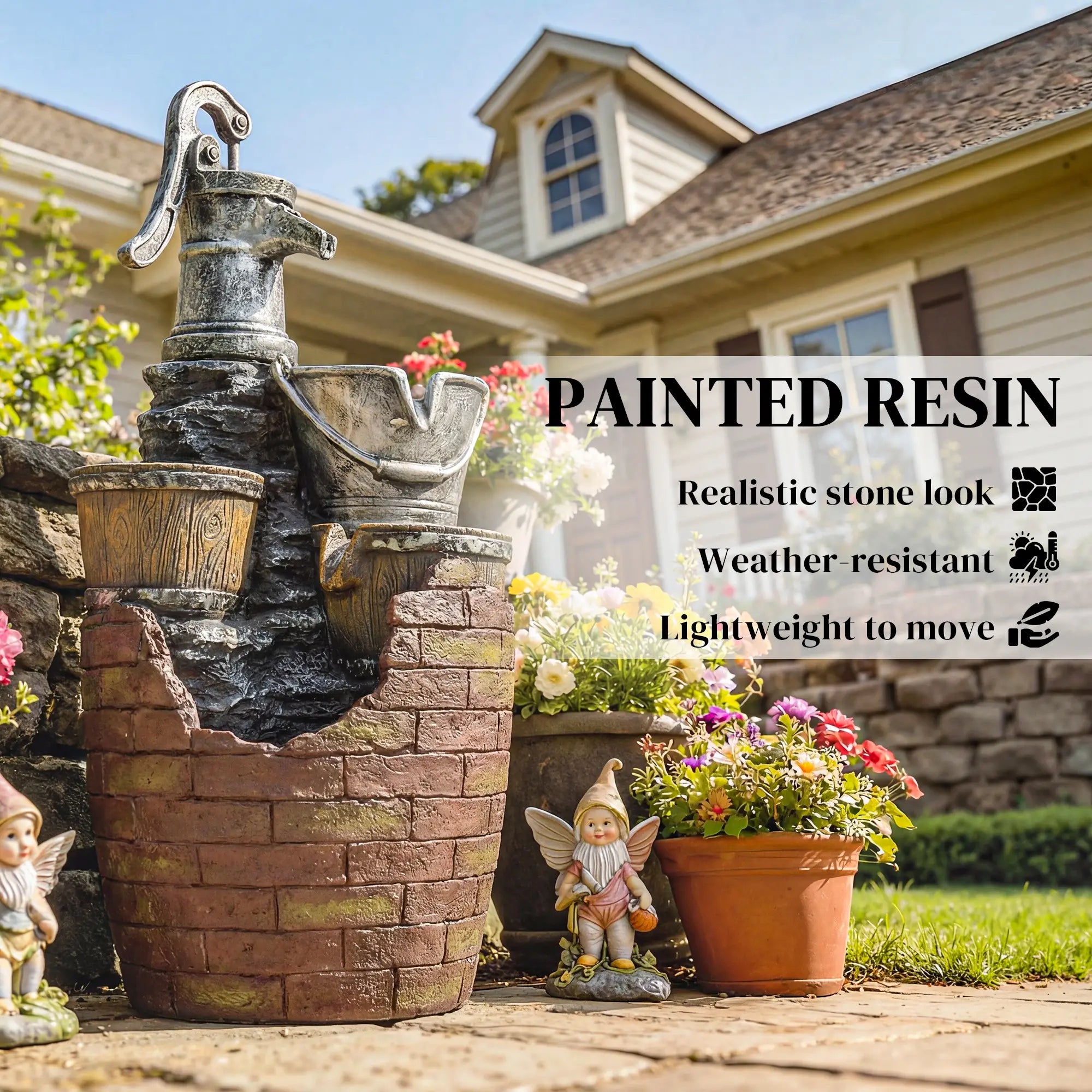 4-Tier Outdoor Fountain With Planter, Cascading Waterfall, LED Lights, Rustic Brown And Grey Water Fountains at Gallery Canada